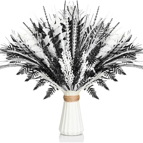 Motionchic 50 Pcs Christmas Tree Picks and Sprays Xmas Tree Topper Glitter Pine Twigs Faux Glittery Branch Stems for Christmas Vase Wreath Decoration Supplies(Black, White)