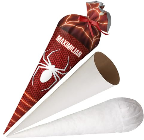 Schultüte Jungen Superheld Spidey Spinne mit Namen Personalisierte Tüte 70 cm Zuckertüte aus Stoff mit runde Papprohling und Füllung aus Silikonkügelchen große Tüte als Kissen