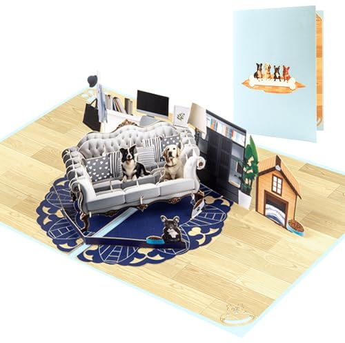 DORAFIORA® 3D Pop-Up Karte Hunde Sofa – Liebevolle Grußkarte für Tierfreunde | Lustige Geburtstagskarte für Kinder & Erwachsene | Inkl. Umschlag