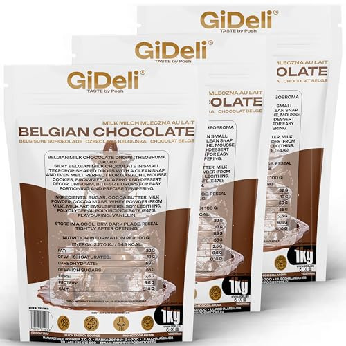 GiDeli Schokodrops Kuvertüre 3 x 1 kg - Schokolade für Schokobrunnen | schmilzt gleichmäßig ab 30 °C, einzelne Beutel für längere Backserien, Ganache für Torten, Pralinen zur Kommunion