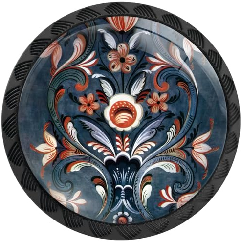 Artinhand Lot de 4 boutons d'armoire ronds de style romarin norvégien à fleurs bleues pour armoires de cuisine et de salle de bain