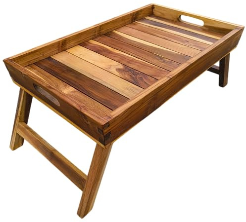 OM SHOWROOM Vassoio/Tavolino da Esterno in TEAK - Richiudibile - Bordo di Contenimento H7 cm - 70x36 cm x H 25 cm - Ideale Barca/Piscina/Giardino