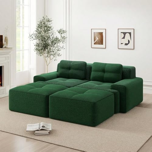 Modulares Sofa Cloud, U-förmige Konfiguration - mit Pouf und tiefen Sitzen - Modulares 2-Sitzer-Sofa, Nullmontage, Farbe grün