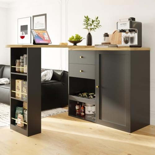 Merax 360° Rotating Bar Table with 2 Drawers & Sliding Door Cabinet, Modern Kitchen Island & Trolley with Open Storage Shelves, Versatile Dining Table & Kitchen Cabinet for Living Room, Study, Office