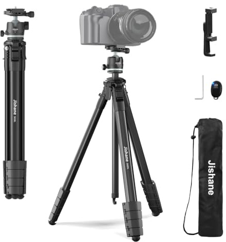 Jishane 183cm Kamerastativ mit 360° Kugelkopf, Leichtes Aluminium-Reisestativ für Kamera & Handy, Kompaktes Stativ mit Handyhalterung, Bluetooth-Fernauslöser, Kompatibel mit DSLR/DSLM