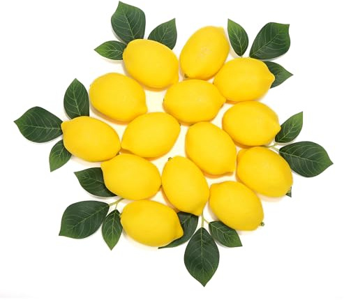 ledytdggu Artificial Lemons with 14 Leaves, Realistic Faux Fruit Decor | Realistic artificial lemons with green leaves, ideal for kitchen, table decor, summer party, wedding and photography props