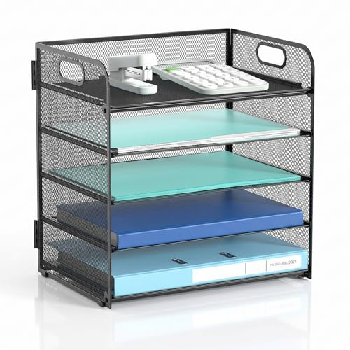 Woobroo Papier-Organizer mit 5 Ablagen - Metall Briefablage Schreibtisch | Dokumentenablage für A4 Papier & Akten, stabiles Metallgitter, einfache Montage ohne Werkzeug, platzsparender Büro-Organizer