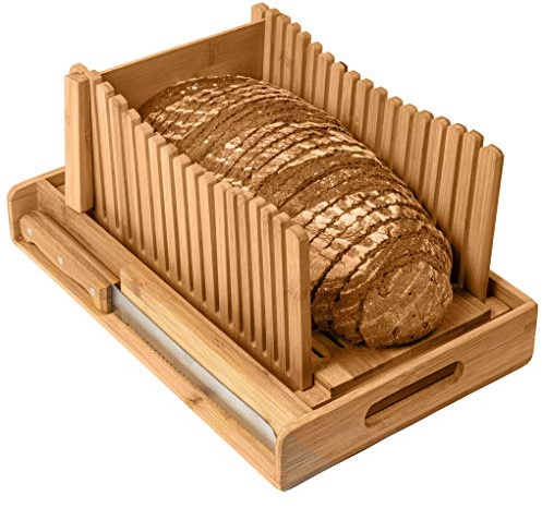 Kitchen Seven Bamboo Bread Slicer with Crumb Tray Bamboo Bread Cutter for Homemade Bread, Loaf Cakes, Bagels Slicer, 3 Slice Sizes, Adjustable, Compact, Foldable