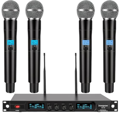 innopow 4-Channel Wireless Microphone System,Quad UHF Metal Cordless Mic, 4 Handheld Mics,Long Distance150-200Ft,Fixed Fre.