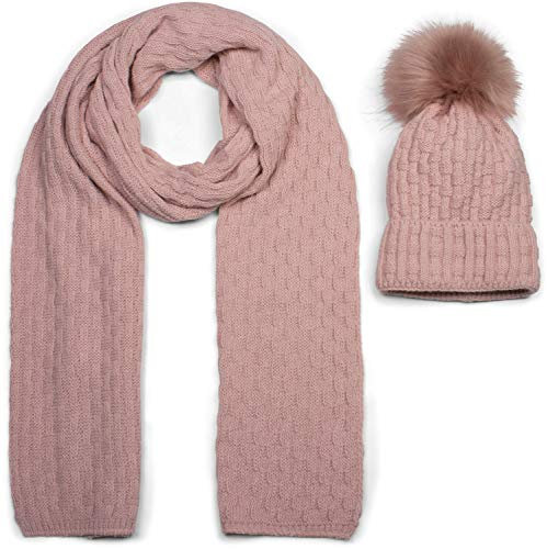 styleBREAKER Unisex Strick Schal und Mütze Set mit Flecht Muster, Thermo-Fleece Innenfutter, Winter 01018212, Farbe:Altrose