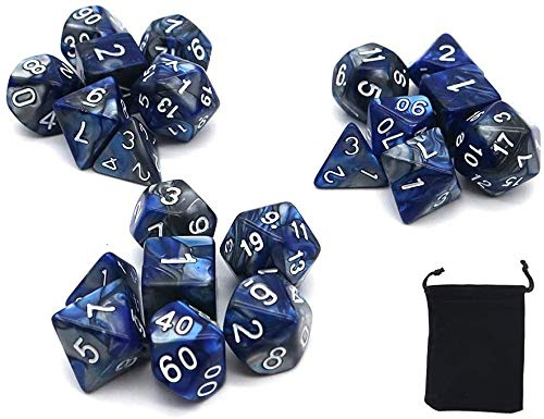 DollaTek Polyhedral tärningsset bordsspel - 3 uppsättningar tärningar (21 delar) D20 D12 D10 D8 D6 D4 DND tärningar DND RPG MTG dubbla färger (blå och silver)