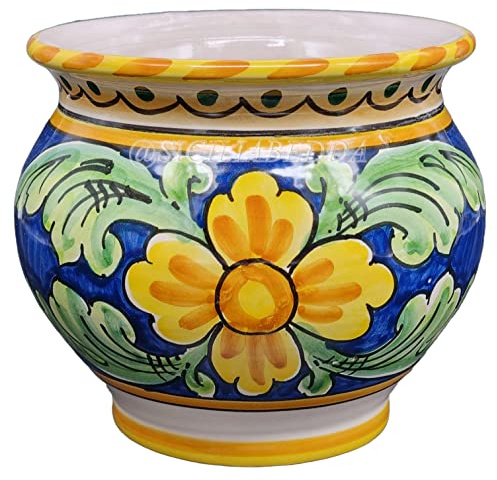 Sicilia Bedda - VASO IN CERAMICA SICILIANA - Prodotto Artigianale di Alta Qualità - Altezza 14 CM Diametro 15 Cm (Fiore su Maioliche)