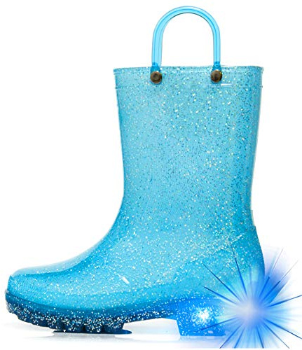 HugRain Girls Kids Wellies Wellingtons Boots Baby Child Light Up Rain Boots Toddler Waterproof Shoes Lightweight Glitter Cute Design with Easy On Handles and Insole (Size 9,blue)