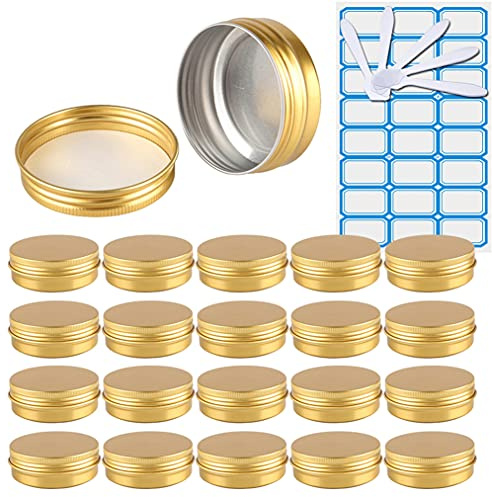 ZEOABSY Pack of 100, Empty 60ml Gold Aluminium Tins with Screw Lids Round Cosmetics Containers Pots Storage Jars for Lip Balm DIY Candle Salve Powder Crafts with 10 Spatula, 4 Labels