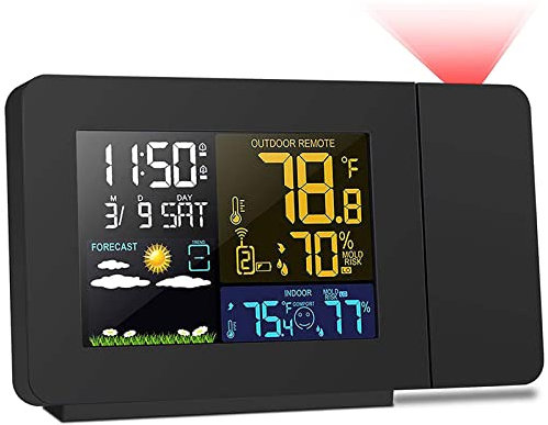 YEITH Digital Projection Alarm Clock, Temperature Thermometer Desk Time Date Display Projector 12/24 Hour, Personal Weather Station, suitable for Bedrooms, Office, Kitche