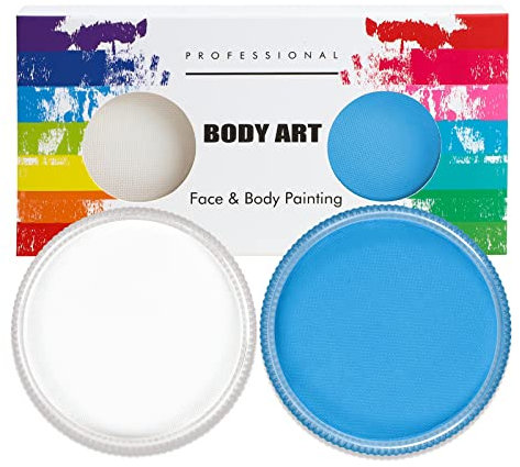 Profi-Schminke Fasching Set, Wasservermalbar 30g x 2 Colors Größere Schminkfarben, Faschingsschminke für Halloween, Fasching oder Verkleidungsparty, Weiß + Blau