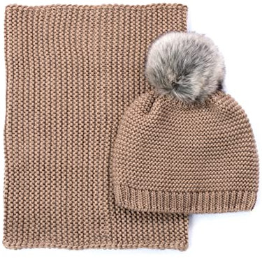 Pullmer Damen Winter Set Beanie und Loopschal 2-in-1,Strickmütze & Loop Kunstfell Bommel, gefütterte Webpelz-Bommel-Mütze und Loopschal (Hell beige)