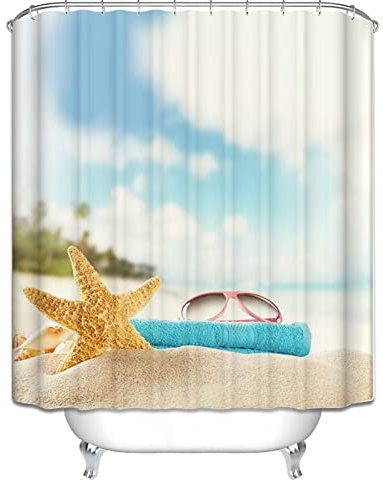 EHOMERY Duschvorhang Dicker Stoff Duschrollo Nach Maß Strand-Seestern-Gläser Duschvorhanghalterungen Ohne Bohren Badewanne Vorhang Halterung Polyester 12 Hakenringe, 180X180Cm