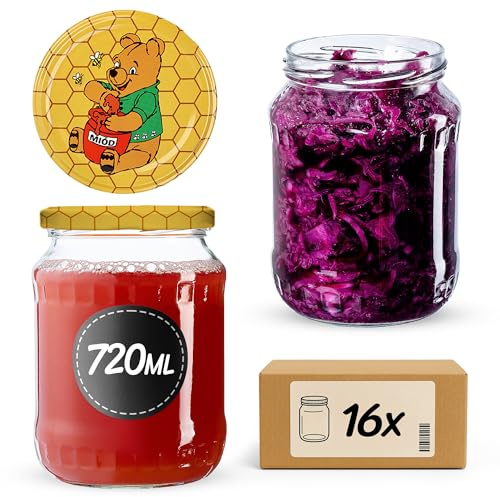 KADAX Frascos de Vidrio, Tarros de conserva, tarros de mermelada de 720 ml, tarros con tapa de rosca, tarros para conservas (Winnie Pooh/16 unidades)