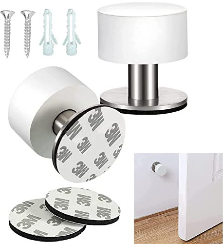 Fleymu Fermaporta in acciaio inox 2 pezzi, fermaporta da parete in gomma, adesivo da parete, 4 x 4,3 cm, per cucina, camera da letto, ufficio (bianco)