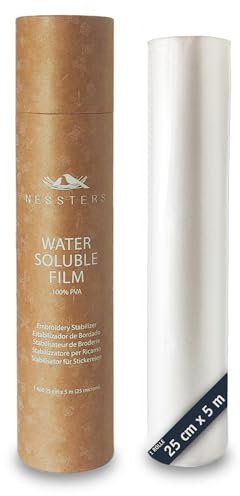 NESSTERS Stickvlies wasserlöslich - Transparente lösliche Folie für die handstickerei, stickmaschine, oder bleistiftstickerei - Stickfolie wasserlöslich - 25 Mikron Dicke - Rolle 25cm x 5m