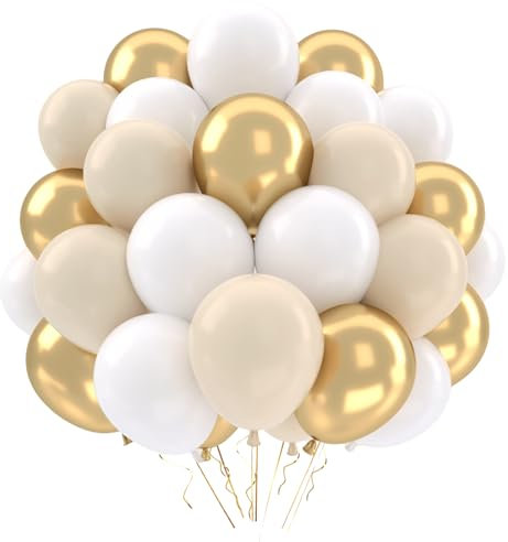 QIFU White and Gold Balloons, 52pcs 12 Inch White Gold and Beige Balloons, Neutral Balloon with Ribbon Hellium Balloon for Birthday Decoration Boho Wedding Baby Shower Engagement Anniversary