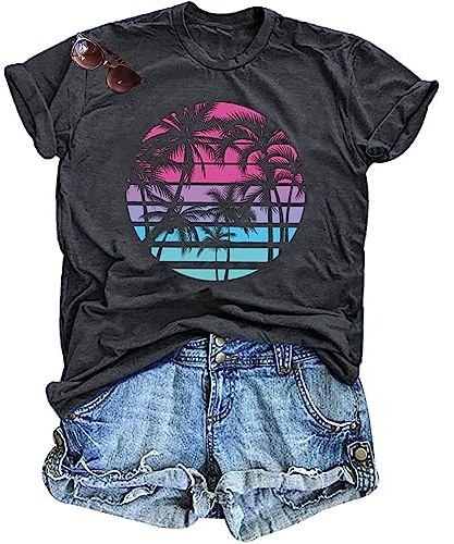 Hawaiian Shirts for Women Palm Trees Beach Graphic Tee Tops Summer Vacation Short Sleeve Tshirt Tops Dark Grey XL