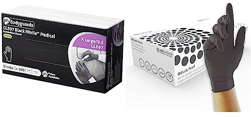 Bodyguard GL8975 Nitrile Disposable Gloves, Powder Free, Size XL, Black, 100 Pieces & Unigloves Black Pearl Nitrile GP0035 Examination - Multipurpose, Powder Free and Latex Free Disposable Gloves