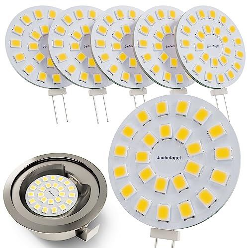 JAUHOFOGEI G4 LED Disc Bulb Bright White 5000K 2W - 20W Halogen JC Bulb Replacement G4 Bi Pin Bulb - 12 Volt Under Cabinet Puck Light Bulbs - LED Appliance Bulb Range Hood 20W 12V G 4 Base T3-6 Pack