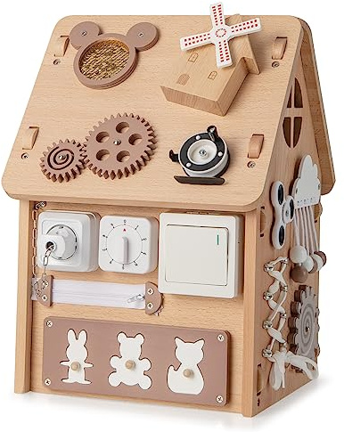 GOPLUS Casa de juego de madera para niños, juguete de casa con accesorios ricos y espacio de almacenamiento, casa de actividad educativa, para la movilidad fina, regalo para niños de 3 años