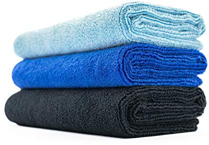 The Rag Company - Sport & Workout Towel - Gym, Exercise, Fitness, Spa, Ultra Soft, Super Absorbent, Fast Drying Premium Microfiber, 320gsm, 16in x 27in (3-Pack) (Royal Blue + Light Blue + Black)
