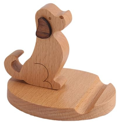 HUNYA Wooden Phone Stand, Adjustable, Portable, Natural Solid Wood, Desk Mobile Phone Holder, Cute Dog Design, Electronic Gifts for Women