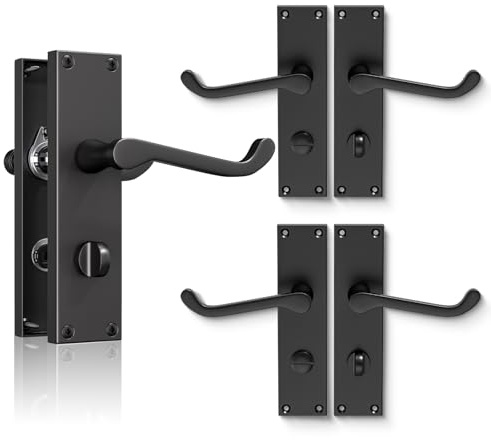 Bwintech 3 Sets Matt Black Victorian Lever on Plate, Latch Furniture, Backplate Door Handles, with Bathroom knob, Suitable for Wooden Doors