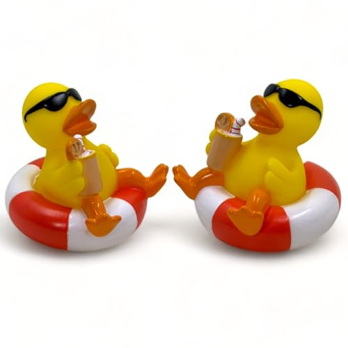 MIJOMA 2er Set Badeenten Badewannenspielzeug, Handbemalt & Latexfrei, Perfekt für Partys, Geburtstage, Weihnachten, Baby-Partys & Mehr – Tolle Badezimmerdekoration, 8 cm Hoch (Enten mit Schwimmreifen)