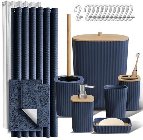 Clara Clark Bathroom Accessories Set - Bathroom Set, Bathroom Sets with Shower Curtain and Rugs, Shower Curtain Set with Bathroom Trash Can - Navy - 22PC