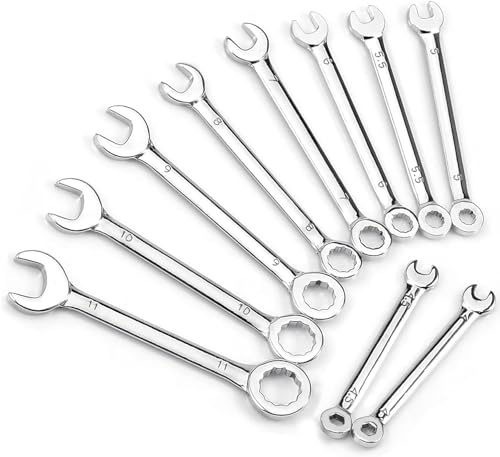 Bestgle Juego de llaves de trinquete de engranaje flexible, juego de llaves combinadas, 10 piezas métricas de 4 a 11 mm, llave pequeña de cabeza fija abierta y llave de extremo de caja, herramienta de