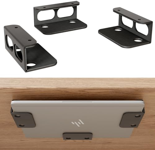 RUKUHOT Under Desk Laptop Mount, Black, Compatible with Devices Thickness < 1.6 (Laptop, Keyboard, Macbooks, etc.), Space-saving, Anti-scratch Felt Pads, 3-piece Bracket System