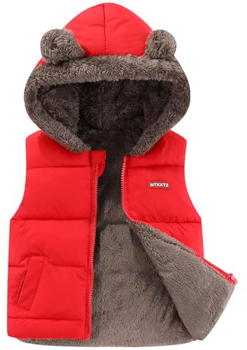 AIWUHE Toddler Winter Coat Boys Girl Hooded Puffer Vest Warm Lightweight Snow Vest Jacket Padded Kids Fleece Vest Sleeveless Fall Outerwear Red 110 3-4T