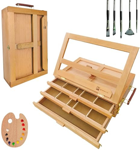 Caballete mesa plegable profesional REMBRANDT, Altura Ajustable lienzos para pintar, Caballete Madera de Haya con 3 cajones para pinturas, atril pintura para adultos, niños, principiantes