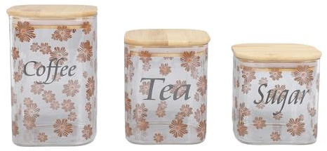 Ausla Juego de Botes de Vidrio Herméticos, Tarro de Vidrio Transparente de 3 Piezas con Tapa de Bambusoideae Contenedor de Almacenamiento de Alimentos con Patrón Floral para Granos,