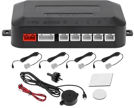 Motoforti Reverse Parking Radar System Alarm Buzzer Reminder Silver Tone | Universal Car Auto Vehicle Reverse Parking Sensors Alarm Buzzer Reminder Distance Detection, 4 Parking Sensors