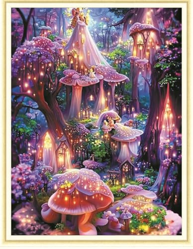 Meecaa Kreuzstich-Set, 11-fädig, geprägt, Wunderland-Lampe, Pilzfee, Stickset mit Zubehör, vorgedruckt (36 x 46 cm) (Wonderland)