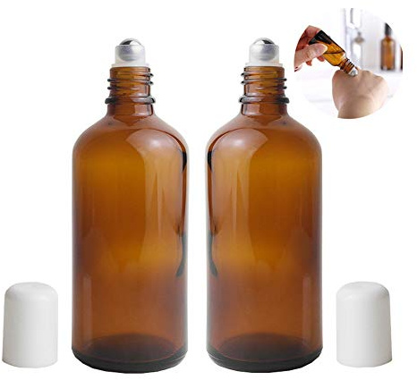 OHEETU 3PCS 100ml/3.4oz Roller Bottles Empty Amber Glass Roll on Bottles with Stainless Steel Roller Balls Refillable Sample Travel Containers for Essential Oil Perfume Lip Balms