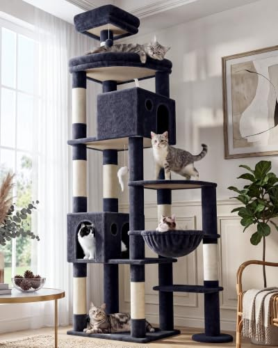 Globlazer Tiragraffi per Gatti XXL, Albero Gatti Grandi Alto 213 cm con 2 Grotte, Grande Piattaforma, Trespoli Imbottiti, Cesto, Torre del Gatto Stabile per Grandi Gatto Adulti (F83, Grigio Scuro)