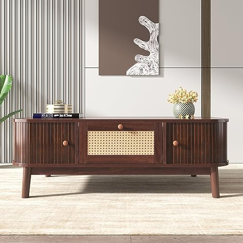 LONELYO Couchtisch aus Massivholz mit Schublade aus Rattan – rustikaler Natur-Stil, Wohnzimmertisch Vintage mit Holzfüßen – 110 × 55 × 38,5 cm (Walnuss)