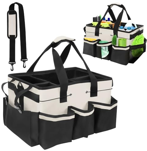Les-Theresa Cleaning Caddy Bag, Caddy Organiser Large Gardening Tool Storage Bag with Handle, Adjustable Cleaning Products Organiser Multi Pocket Bucket Tool Bag for Home, Car, Garden, Craft (White)