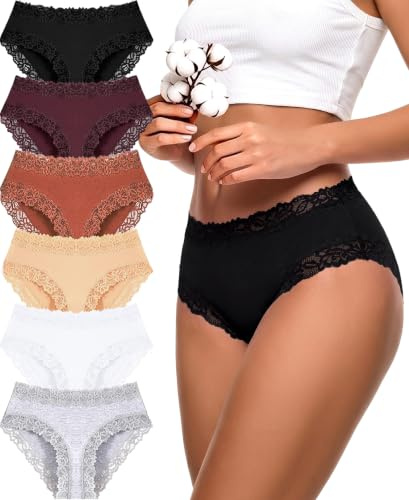 ALL OF SHE Underwear Women Cotton Women's Knickers Lace Briefs Cotton Hipster Bikini Soft Brazilian Panties Pack of 6 S-XXL
