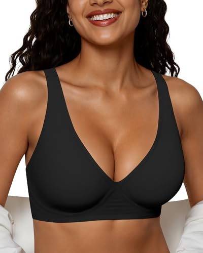 Adisputent Jelly Bras for Women Non Wired Deep V Wireless Push Up Bra Seamless Comfort Plunge T Shirt Bra Soft Support Full Coverage Everyday Bralettes (Black,L)