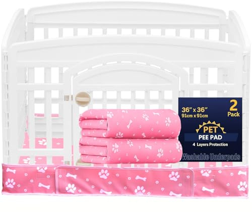 2 Pack Dog Playpen Bottom Pad Fits for 36 Inch 4 Panels Exercise Pet Playpen, Dog Crate Pad Puppy, Hoop and Loop Design (Note: Playpen Not Included). (Pink)