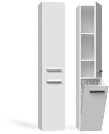 CDF Armoire de Salle de Bain Haute et étroite avec Panier à Linge, larg.: 31 cm Meuble de Rangement Adapté aux Petits Espaces, WC Couloir Blanc, 30x31x174 cm Résistant à l’Humidité